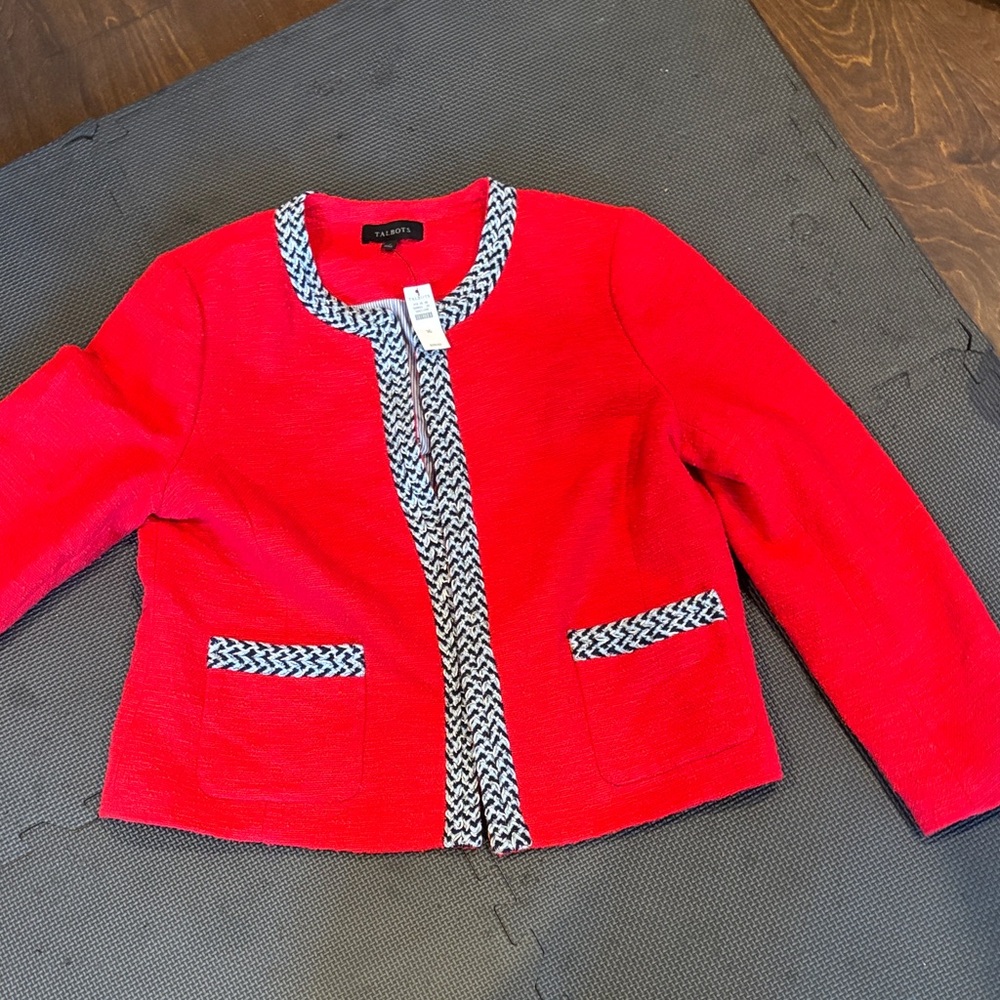 Talbots Vibrant Red Blazer with Chic Black and White Accents